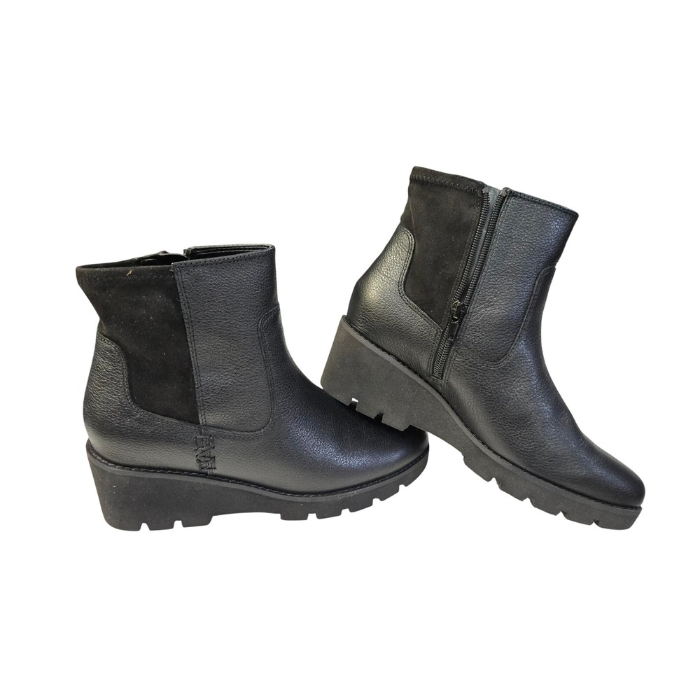 Vionic Black Leather Suede Ankle Boots Wedge Lug Sole Side Zip Booties 7.5